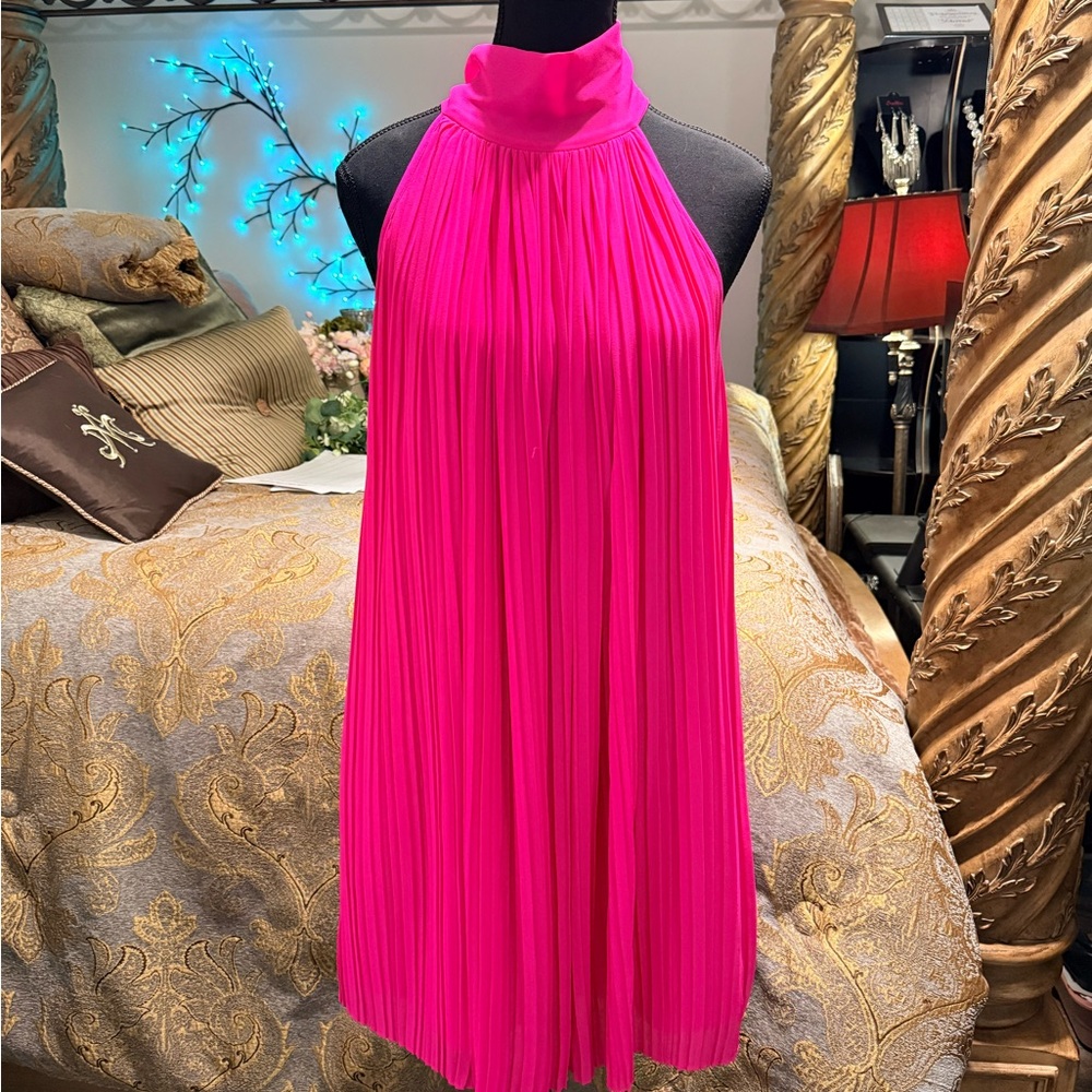 Naked Zebra Hot Pink Pleated Halter Dress